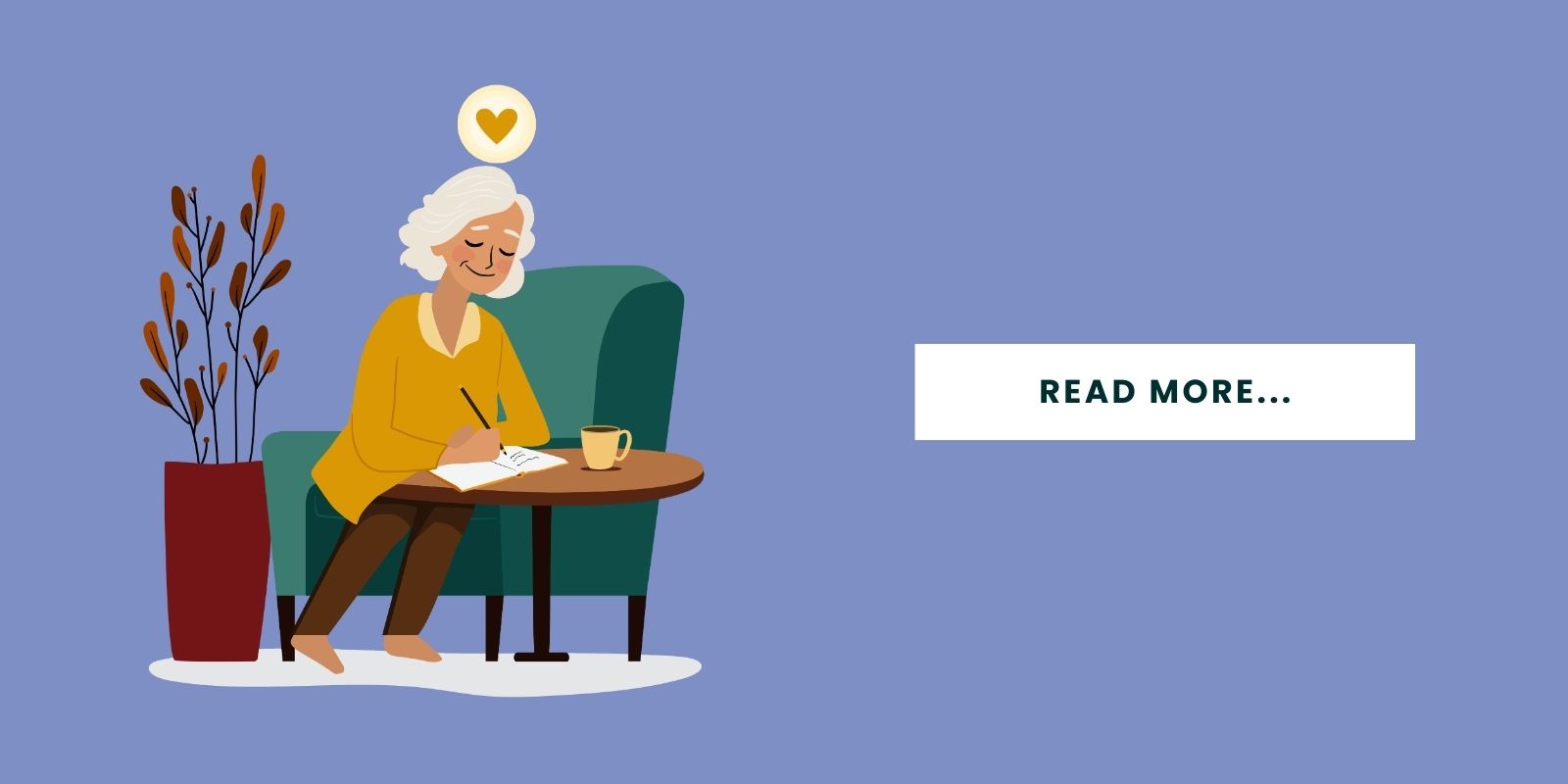 An illustration of a senior sitting and writting with a button that says, "Read More..."