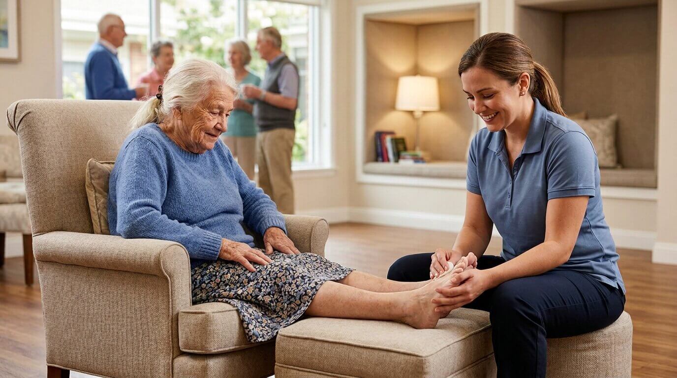 A caregiver gently massages an older adult's feet in a comfortable armchair.